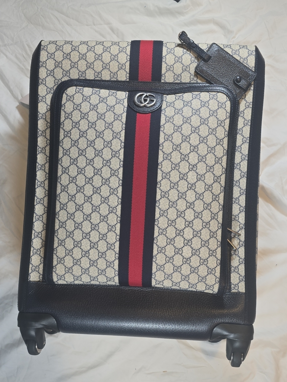 Gucci Beige GG Supreme Cabin Trolley with Navy and Red Stripes